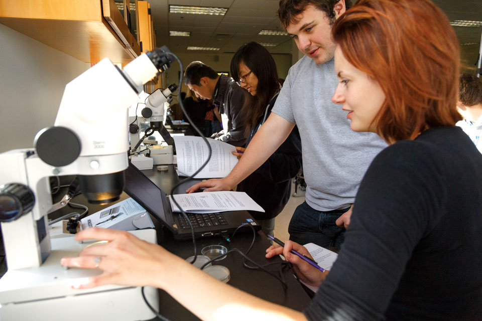 Rensselaer Students working at a microscope