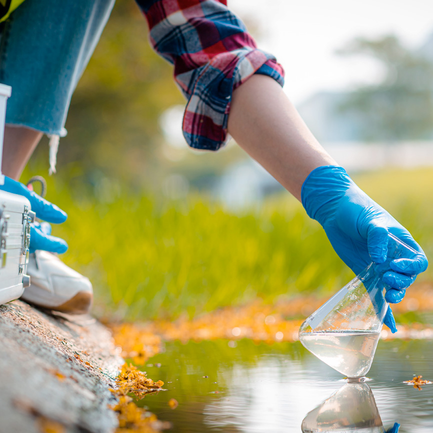 Student holding beaker gathering specimens from water