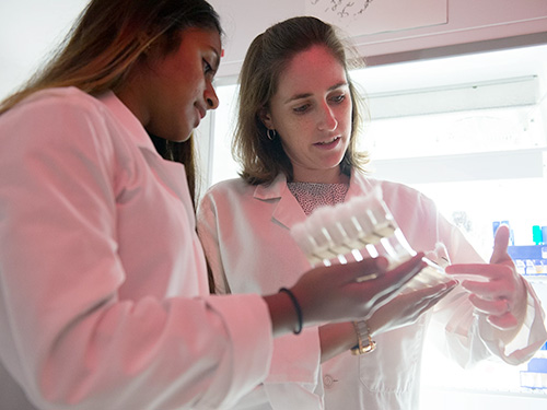 Professor works with a student in the lab