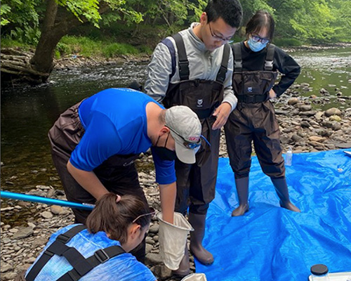 Students work on a river bank collecting samples